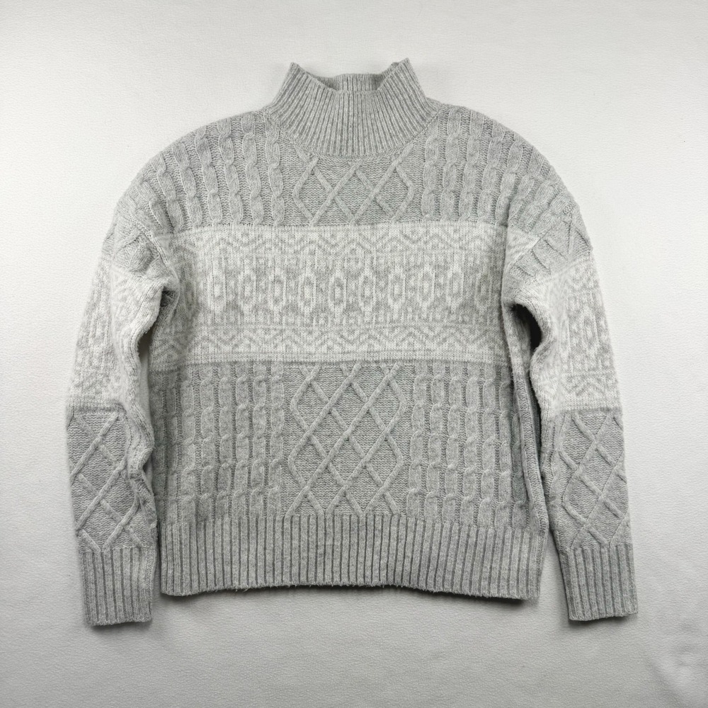 Rachel Zoe Gray Cable Knit Fair Isle Mock Neck Sweater Women XS Long Sleeve‎ - Picture 2 of 5